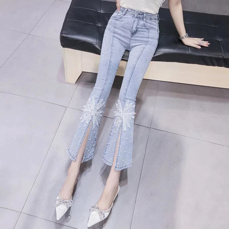 Flared Jeans Beading Design Korea Fashion High waist Tide Trousers Slim Elastic Female Bell Bottoms Spring Summer Denim Pants