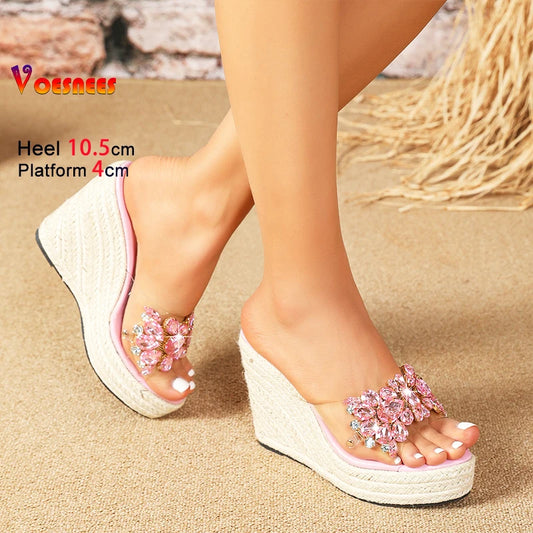 Wedges Sandals For Women 10.5CM Comfort Platform High Heels Rhinestone Slippers Large Size 42 43 Summer Ladies Transparent Shoes