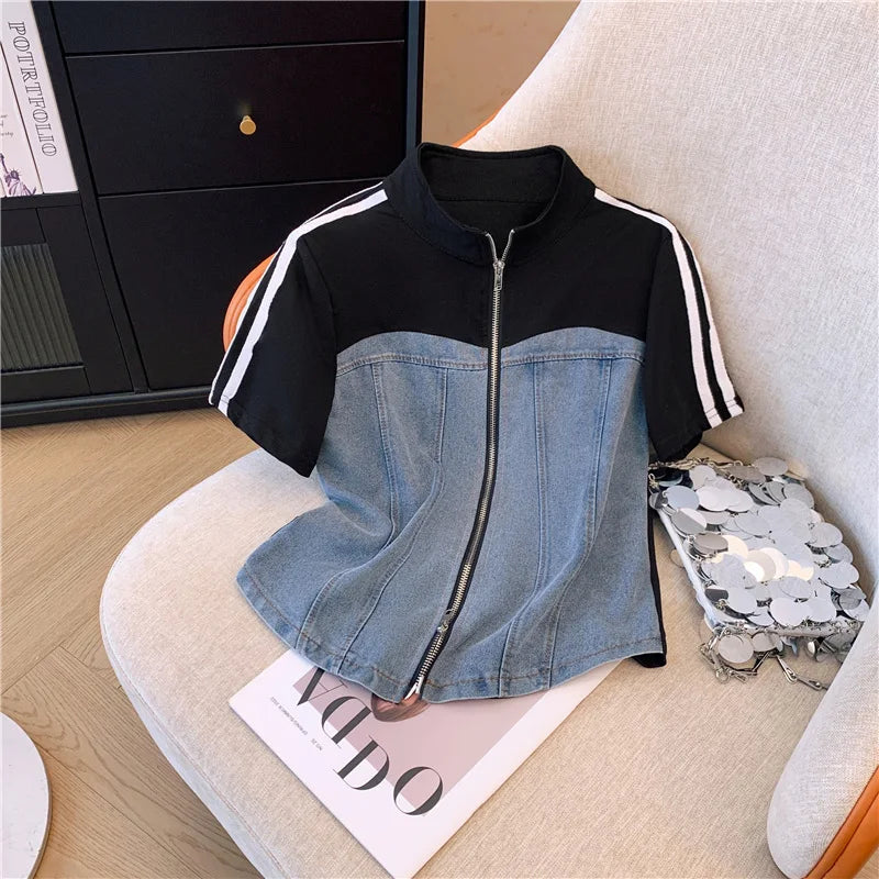 2025 Summer New Stitched Zipper T-shirt top Female Set Elegant Women's Jeans Casual Blouse Two Piece Set Ladies Tracksuits big