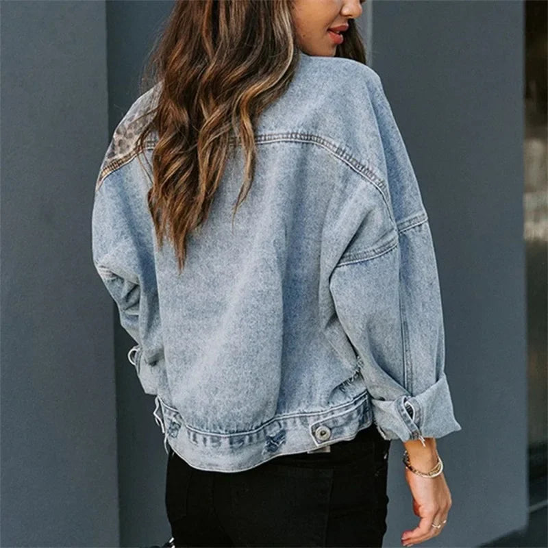 Women Denim Jacket Spring Vintage Coat Long Sleeve Singal Breasted Leopard-Print Casual Jean Outwear Female Top