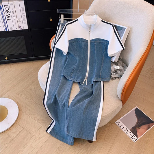 2025 Summer New Stitched Zipper T-shirt top Female Set Elegant Women's Jeans Casual Blouse Two Piece Set Ladies Tracksuits big