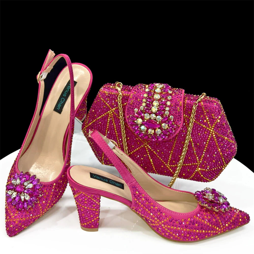 Venus Chan Nigerian Women Heel Party Ladies Italian Design Shoes And Bag Set Decorated with Rhinestone Handbag Wedding Party