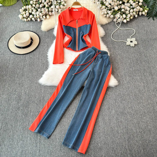 Chic Women's Long Sleeve Stitching Zipper Denim Coat + High Waist Casual Straight Leg Pants Female Jeans Clothes Sets