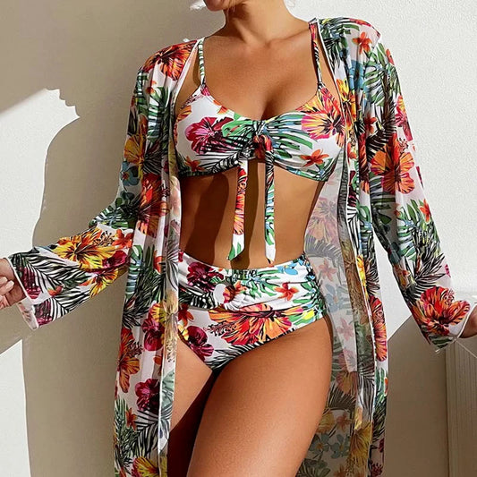 Sexy High Waisted Bikini Three Pieces Floral Printed Swimsuit Women Bikini Set With Mesh Long-Sleeved Blouse Size S-3X New