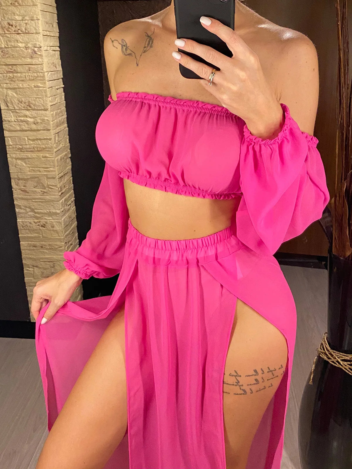 2025 Leopard Off Shoulder Long Sleeve 2 Pieces Set Beach Cover Up Cover-ups Beach Dress Beach Wear Beachwear Female Women V3728