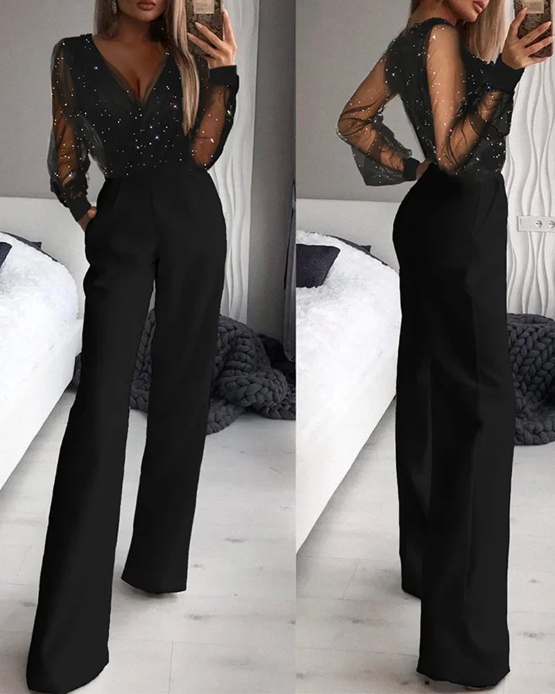 Sexy Ladies Off Shoulder Wide Leg Jumpsuit Fashion Hot Drill Long Sleeve Slim Romper 2025 Women Solid Color Jumpsuit