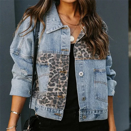 Women Denim Jacket Spring Vintage Coat Long Sleeve Singal Breasted Leopard-Print Casual Jean Outwear Female Top