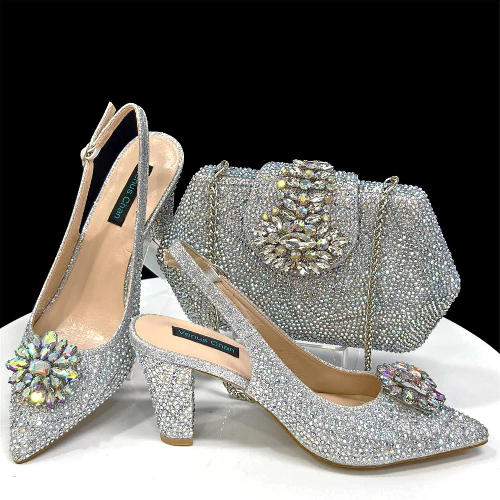 Venus Chan Nigerian Women Heel Party Ladies Italian Design Shoes And Bag Set Decorated with Rhinestone Handbag Wedding Party