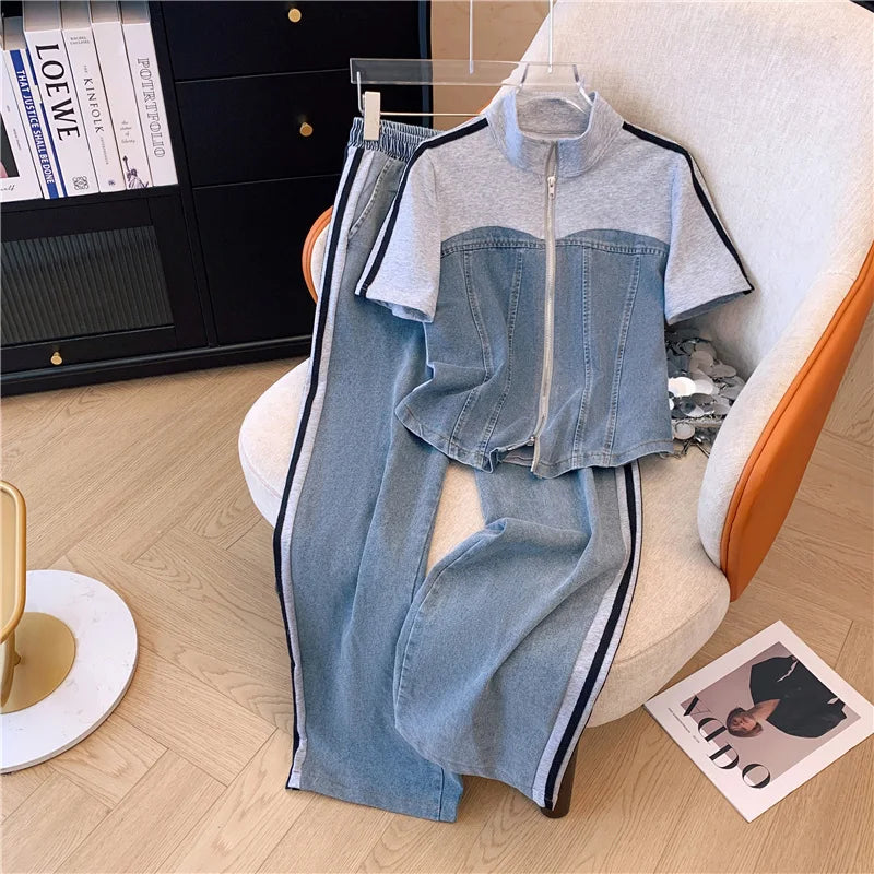 2025 Summer New Stitched Zipper T-shirt top Female Set Elegant Women's Jeans Casual Blouse Two Piece Set Ladies Tracksuits big