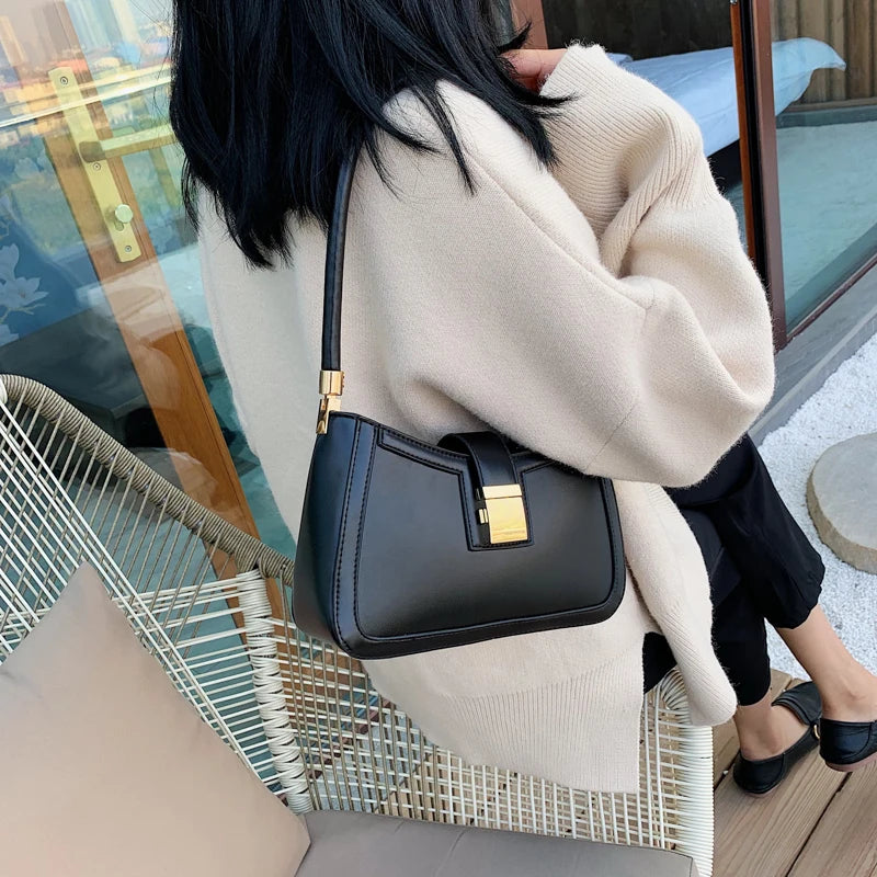 LEFTSIDE Shoulder Bags For Women Solid Color PU Leather 2025 Trend Lock Handbags Small Purse Hand Lady Designer Zipper Clutch