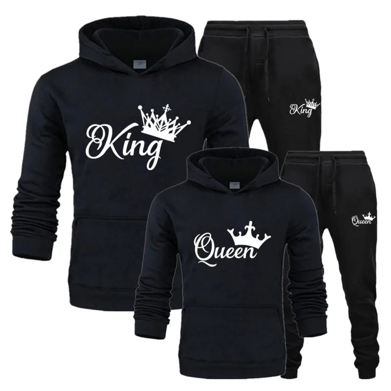 Fashion Spring Autumn Sweatsuits for Men Women Sportwear Set King or Queen Printed Couple Suits 2PCS Hoodie and Pants S-4XL