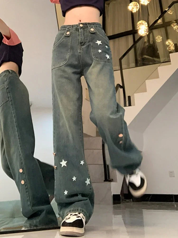 Jeans Women Trousers S-5XL Cozy All-match Trendy Star-design American Retro Button Leisure Students High Waist Simple Elegant