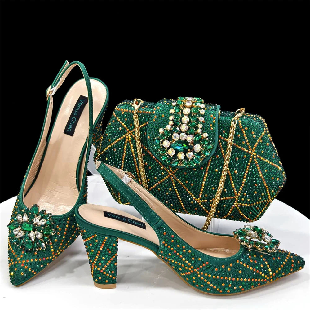 Venus Chan Nigerian Women Heel Party Ladies Italian Design Shoes And Bag Set Decorated with Rhinestone Handbag Wedding Party