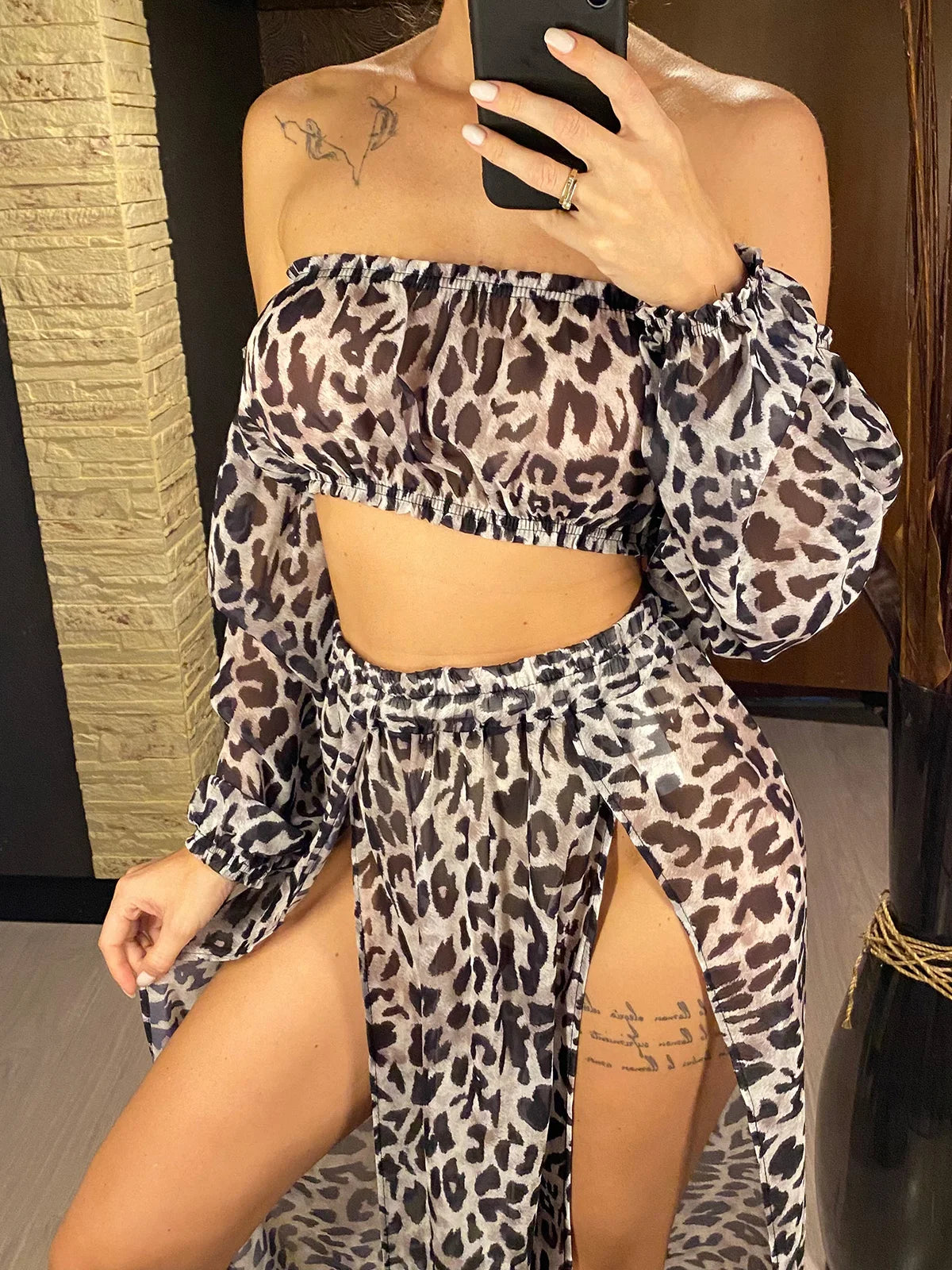 2025 Leopard Off Shoulder Long Sleeve 2 Pieces Set Beach Cover Up Cover-ups Beach Dress Beach Wear Beachwear Female Women V3728