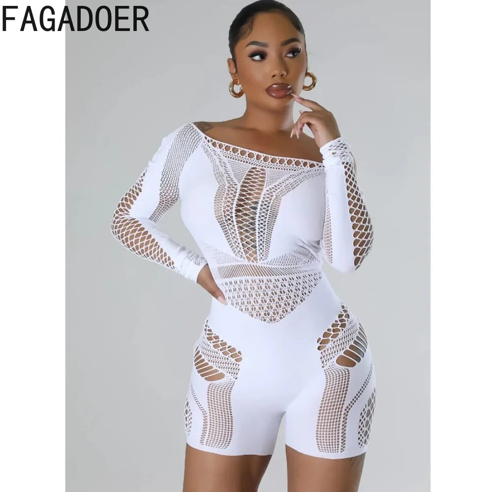 FAGADOER Sexy Lace Hollow Out Perspective Bodycon Rompers Women Off Shoulder Long Sleeve Backless Slim Jumpsuits Female Overalls