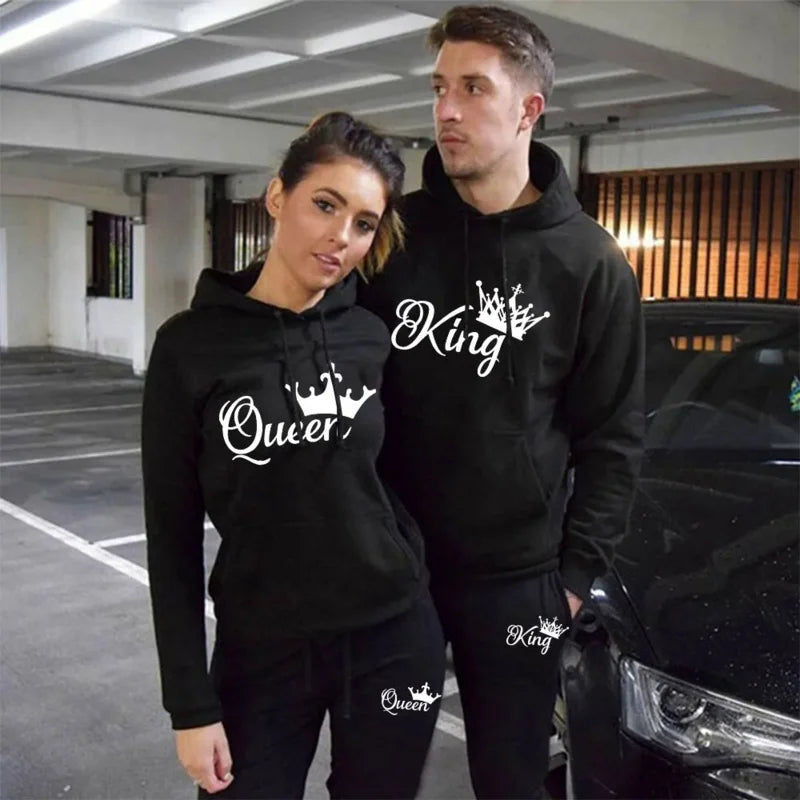 Fashion Spring Autumn Sweatsuits for Men Women Sportwear Set King or Queen Printed Couple Suits 2PCS Hoodie and Pants S-4XL