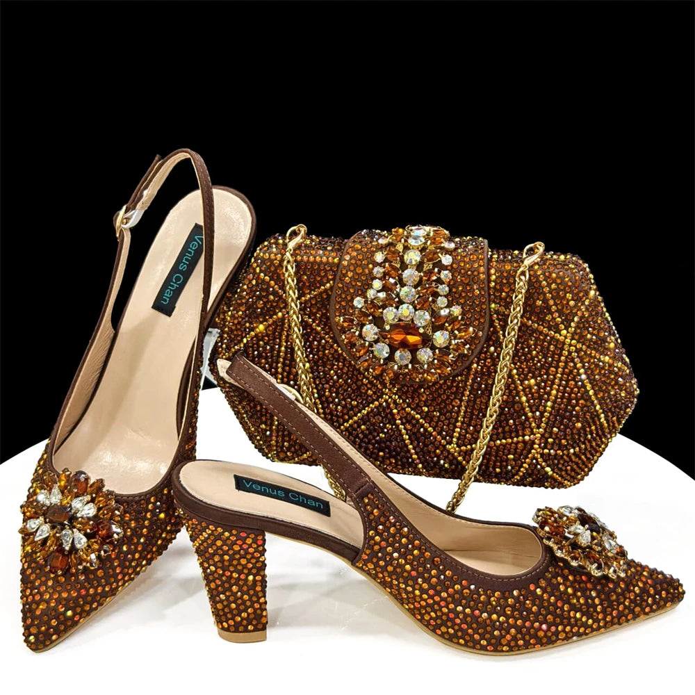 Venus Chan Nigerian Women Heel Party Ladies Italian Design Shoes And Bag Set Decorated with Rhinestone Handbag Wedding Party