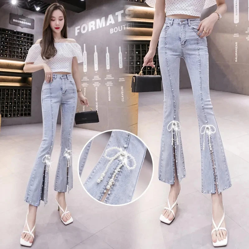 Flared Jeans Beading Design Korea Fashion High waist Tide Trousers Slim Elastic Female Bell Bottoms Spring Summer Denim Pants